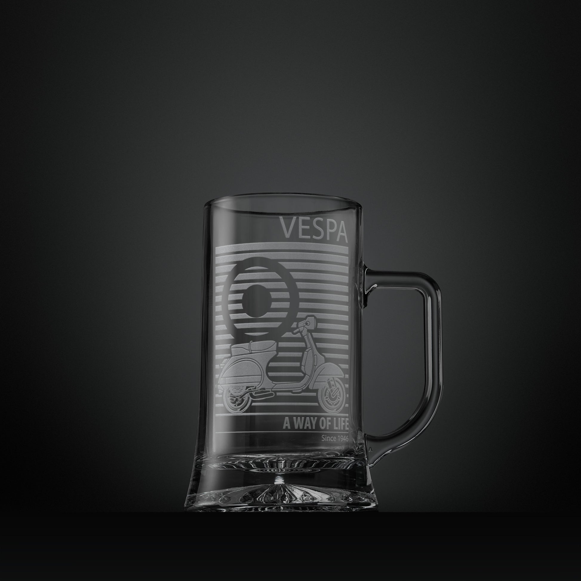Engraved glass tankard featuring a Vespa PX scooter and MOD target design