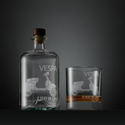 Engraved apothecary style decanter and whisky glass with a Vespa PX scooter and A Way of Life text