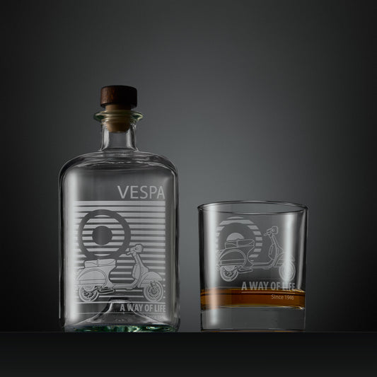 Engraved apothecary style decanter and whisky glass with a Vespa PX and MOD target design illustration
