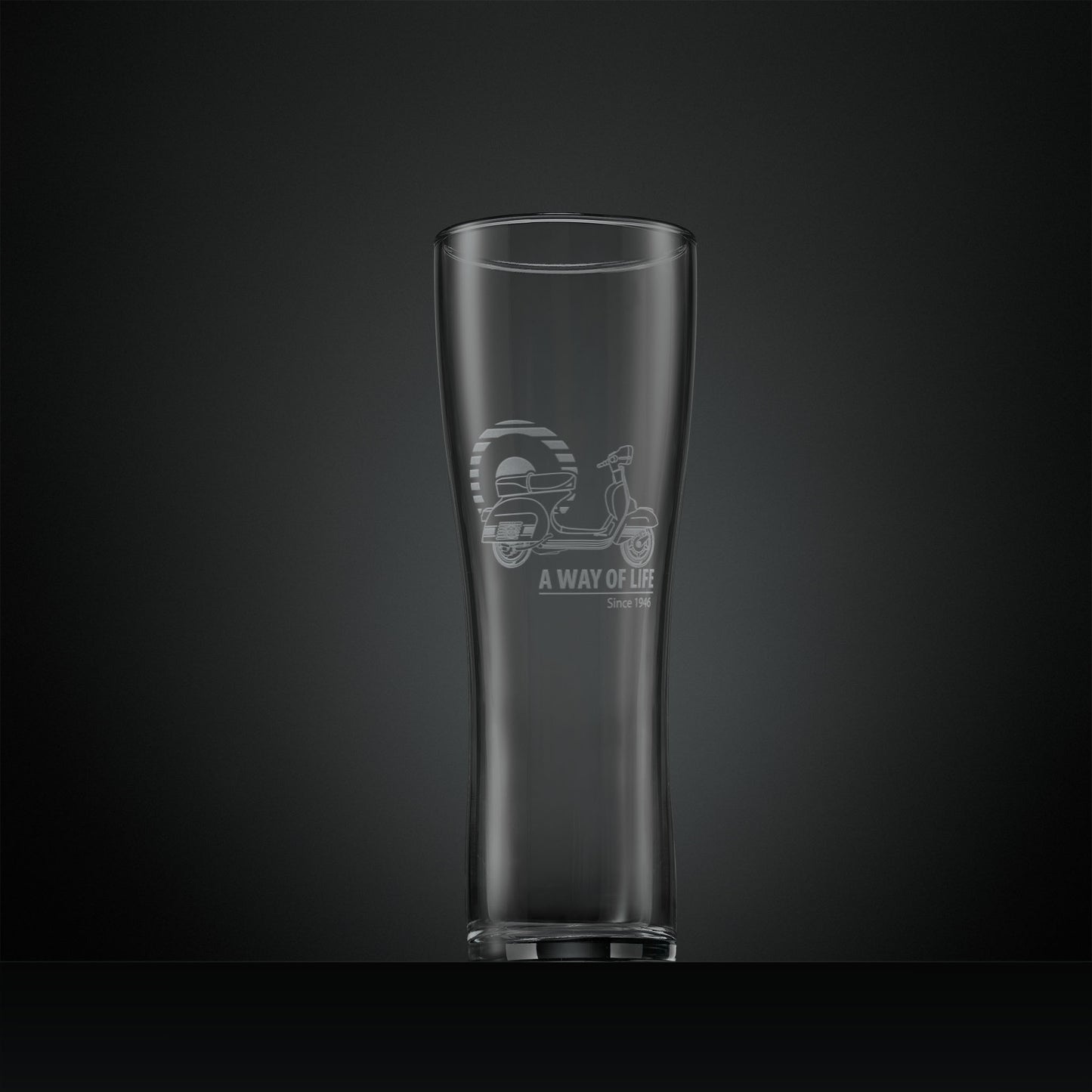 Engraved pint glass featuring a Vespa Rally 200 scooter and MOD target design