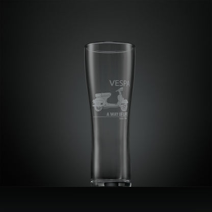 Engraved pint glass featuring a Vespa Rally 200 scooter and text