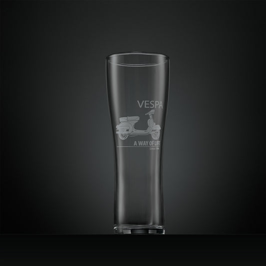 Engraved pint glass featuring a Vespa Rally 200 scooter and text