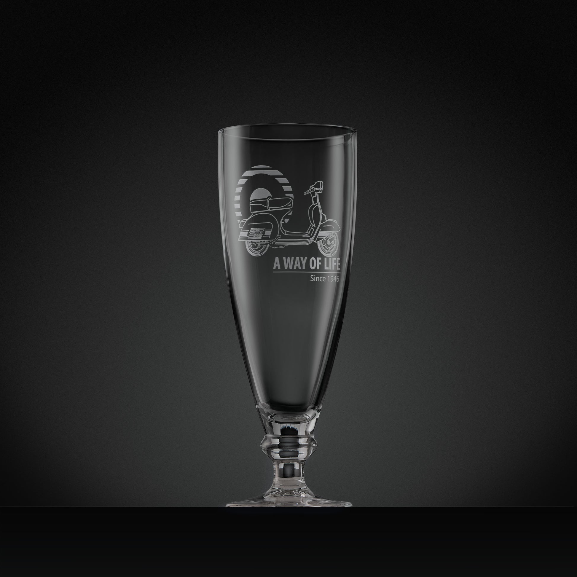 Stemmed beer glass engraved with Vespa Rally 200 scooter and Mod target, 