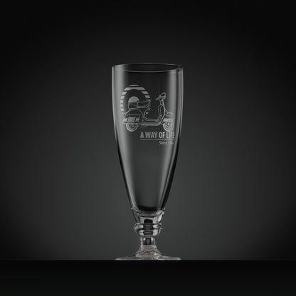 Stemmed beer glass engraved with Vespa Rally 200 scooter and Mod target, 