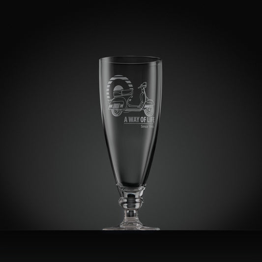 Stemmed beer glass engraved with Vespa Rally 200 scooter and Mod target, 