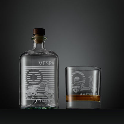Engraved apothecary style decanter and whisky glass with a Vespa rally 200 and MOD target design illustration
