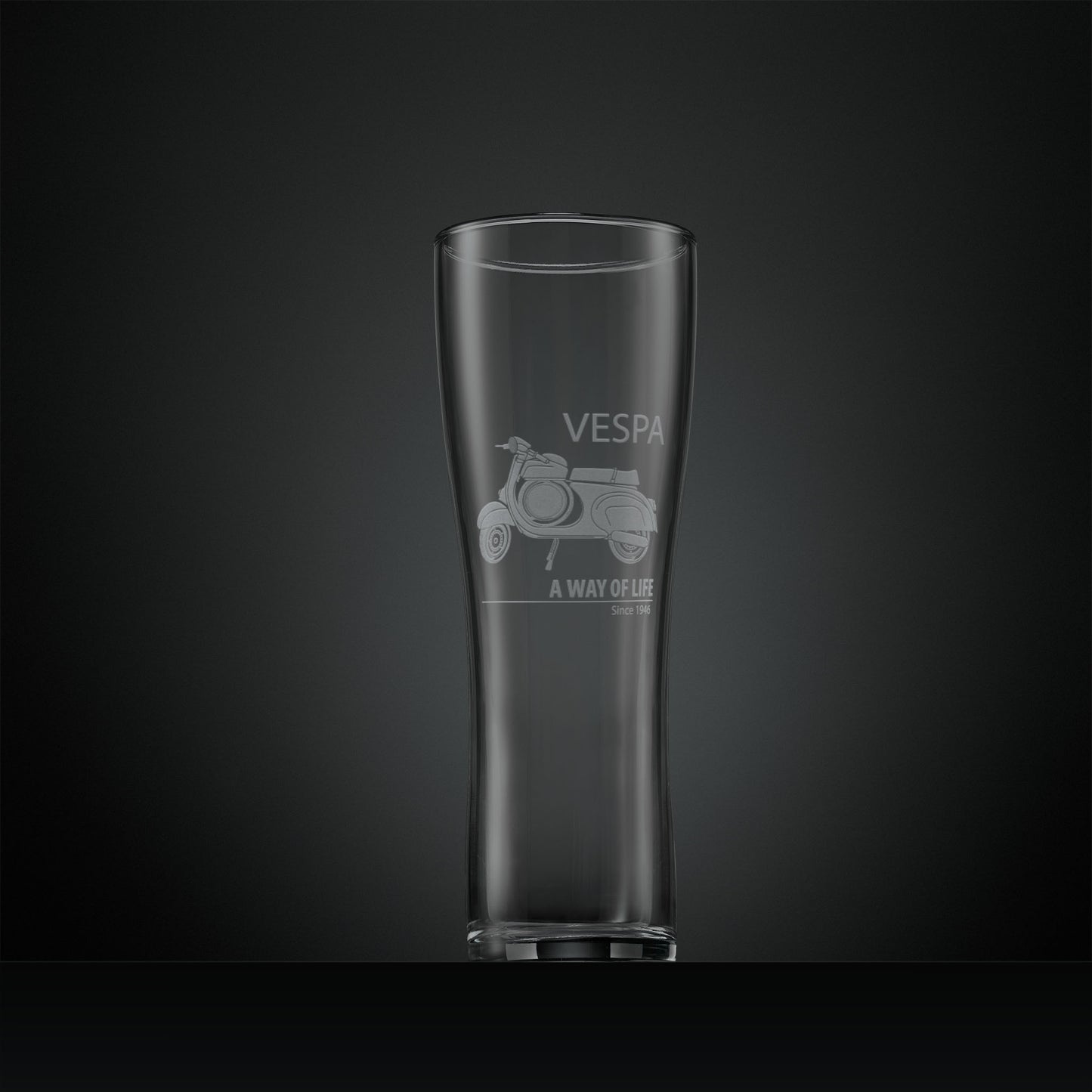 Pint glass engraved with Vespa SS90 scooter finished with the words A Way of Life Since 1946