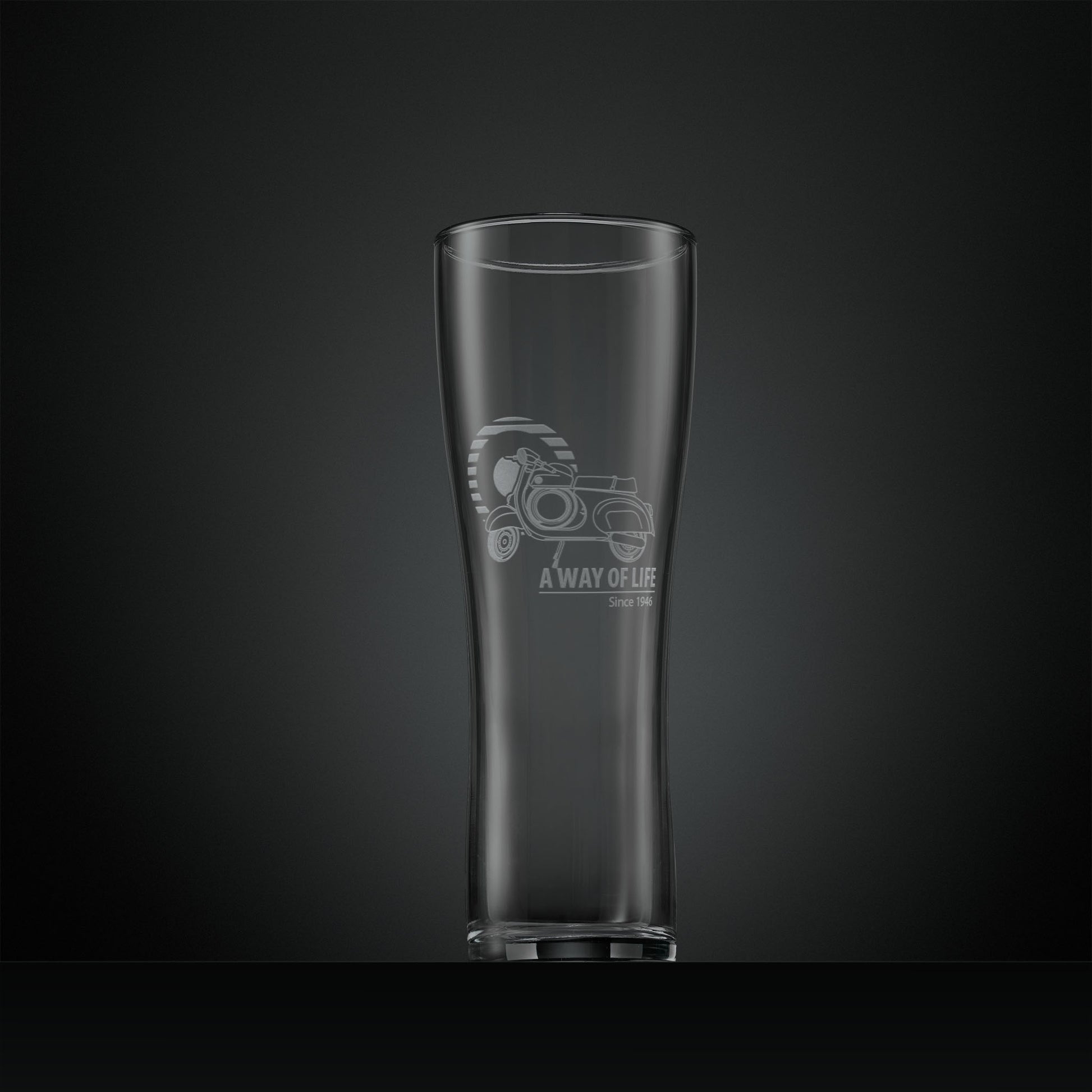 Pint glass engraved with Vespa SS90 scooter and striped Mod target, finished with the words A Way of Life Since 1946