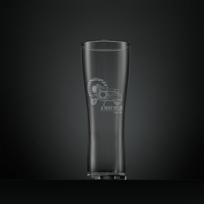 Pint glass engraved with Vespa SS90 scooter and striped Mod target, finished with the words A Way of Life Since 1946