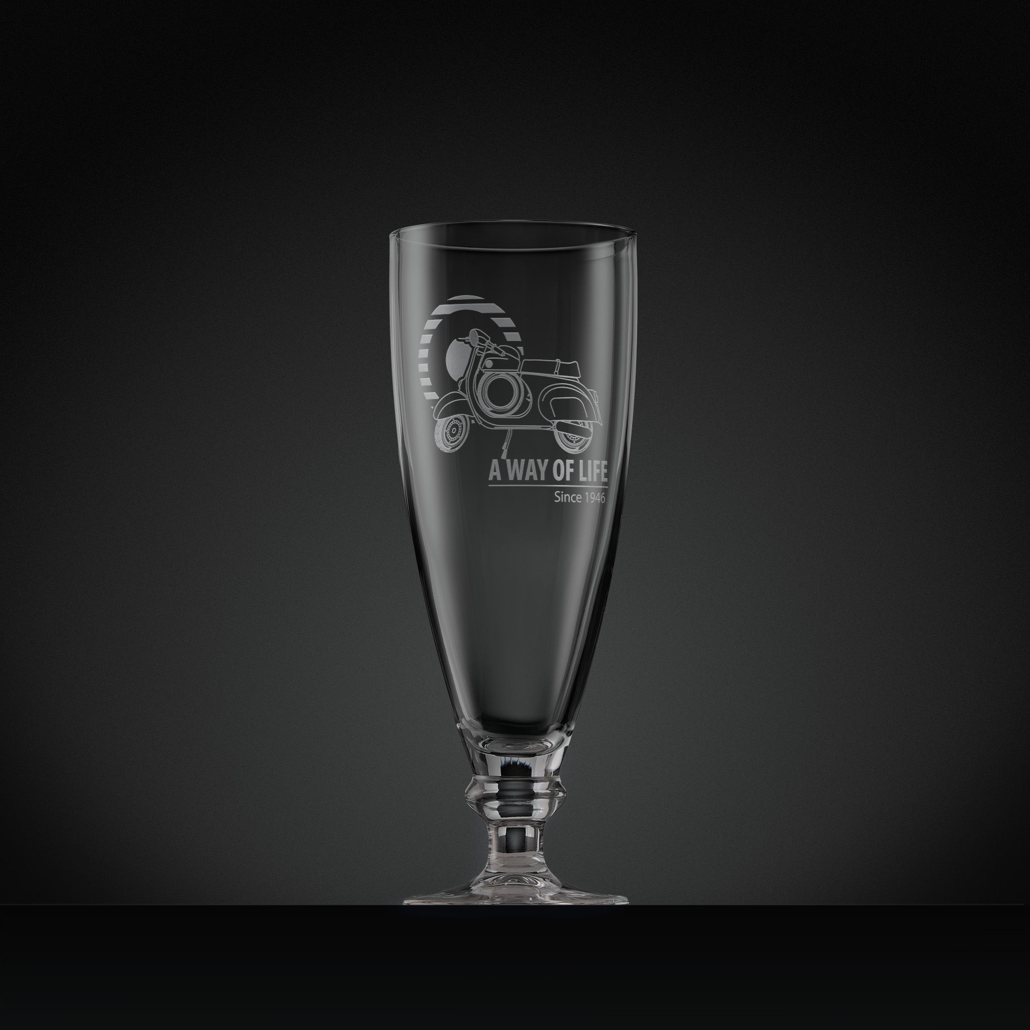 Stemmed beer glass engraved with Vespa SS90 scooter and Mod target