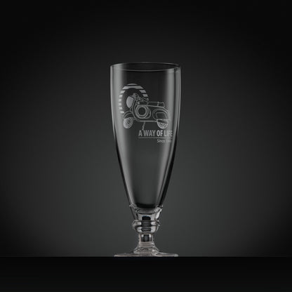 Stemmed beer glass engraved with Vespa SS90 scooter and Mod target