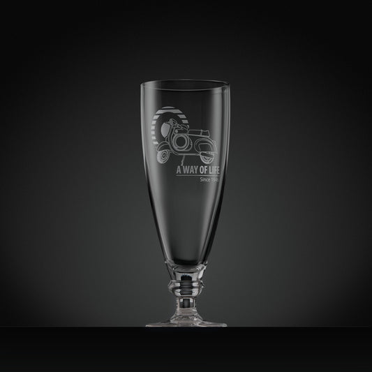Stemmed beer glass engraved with Vespa SS90 scooter and Mod target