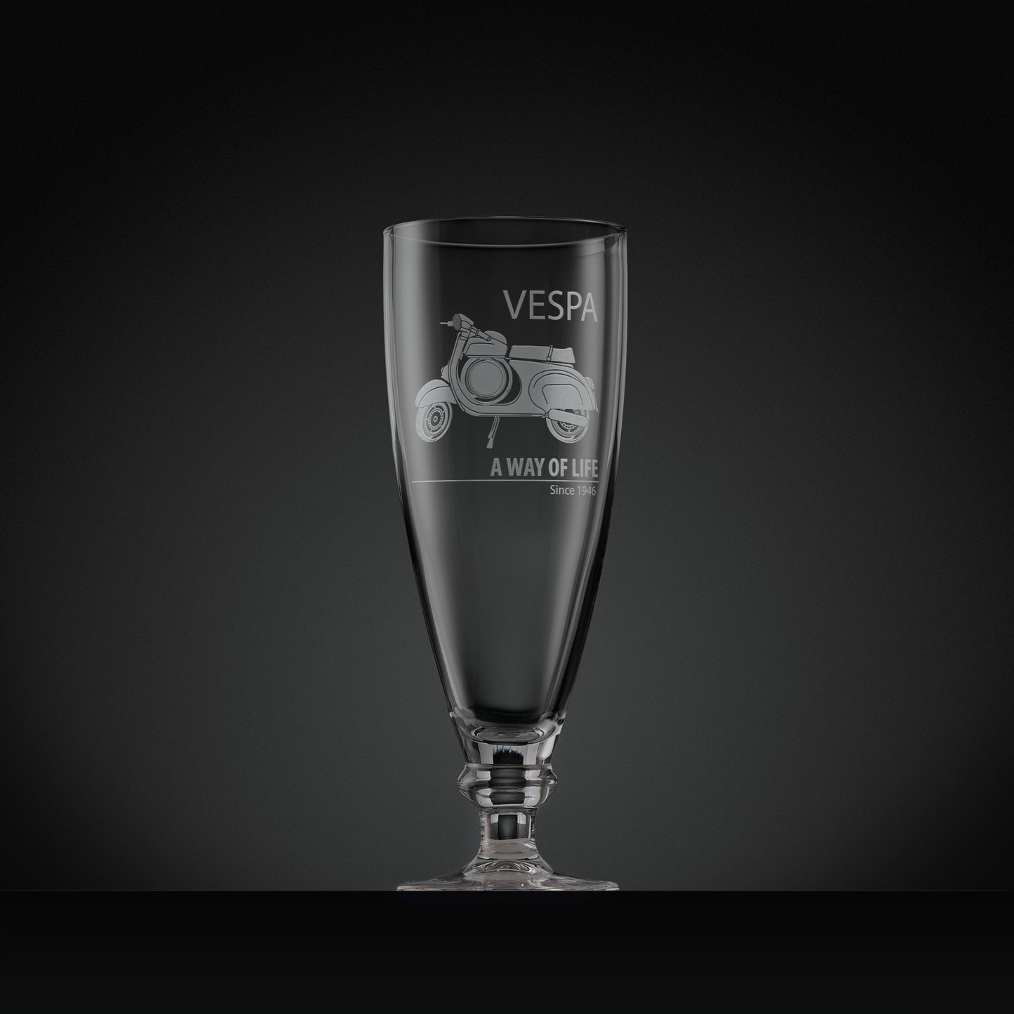 Engraved Vespa SS90 stemmed beer glass with Vespa script and ‘A Way of Life Since 1946’,