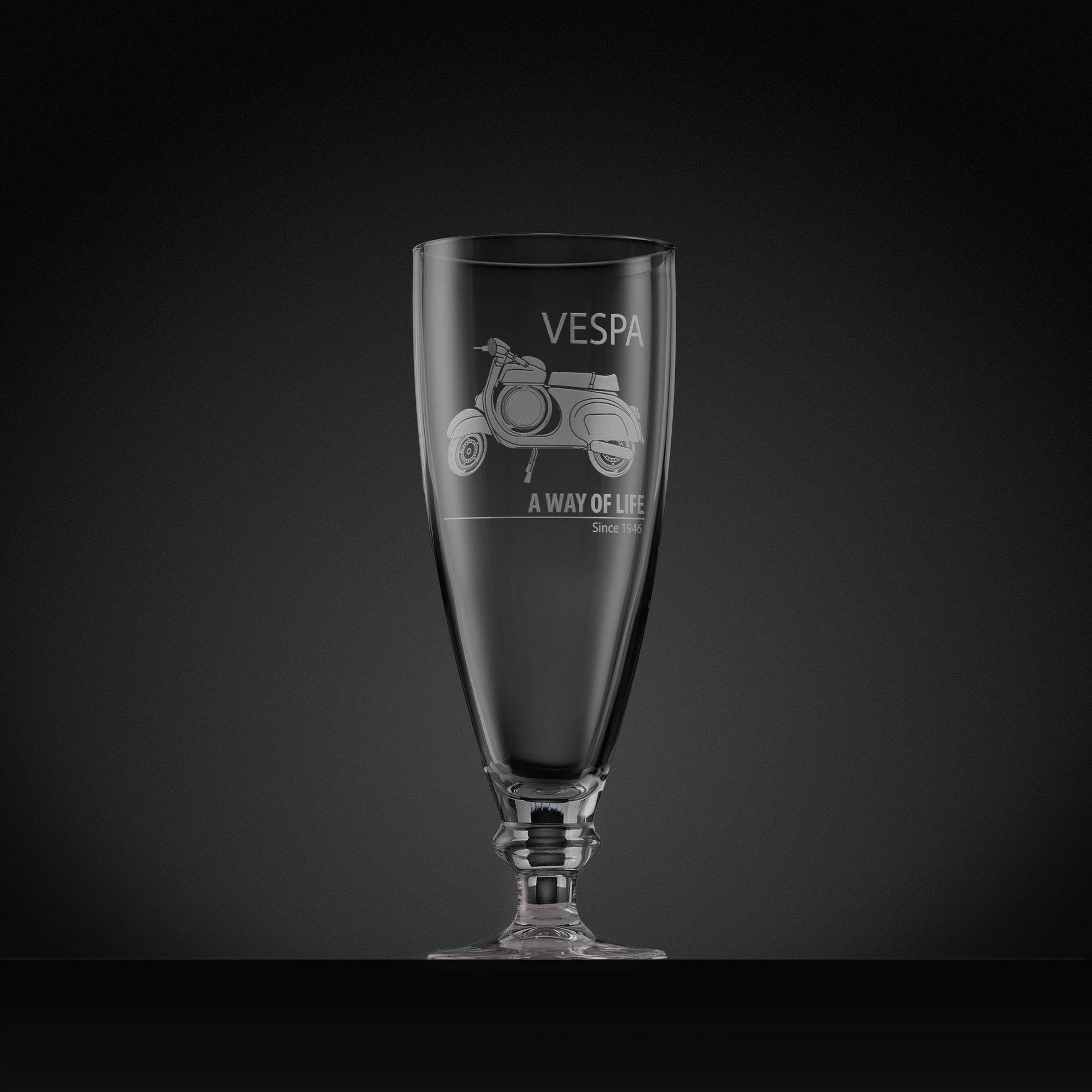Engraved Vespa SS90 stemmed beer glass with Vespa script and ‘A Way of Life Since 1946’,