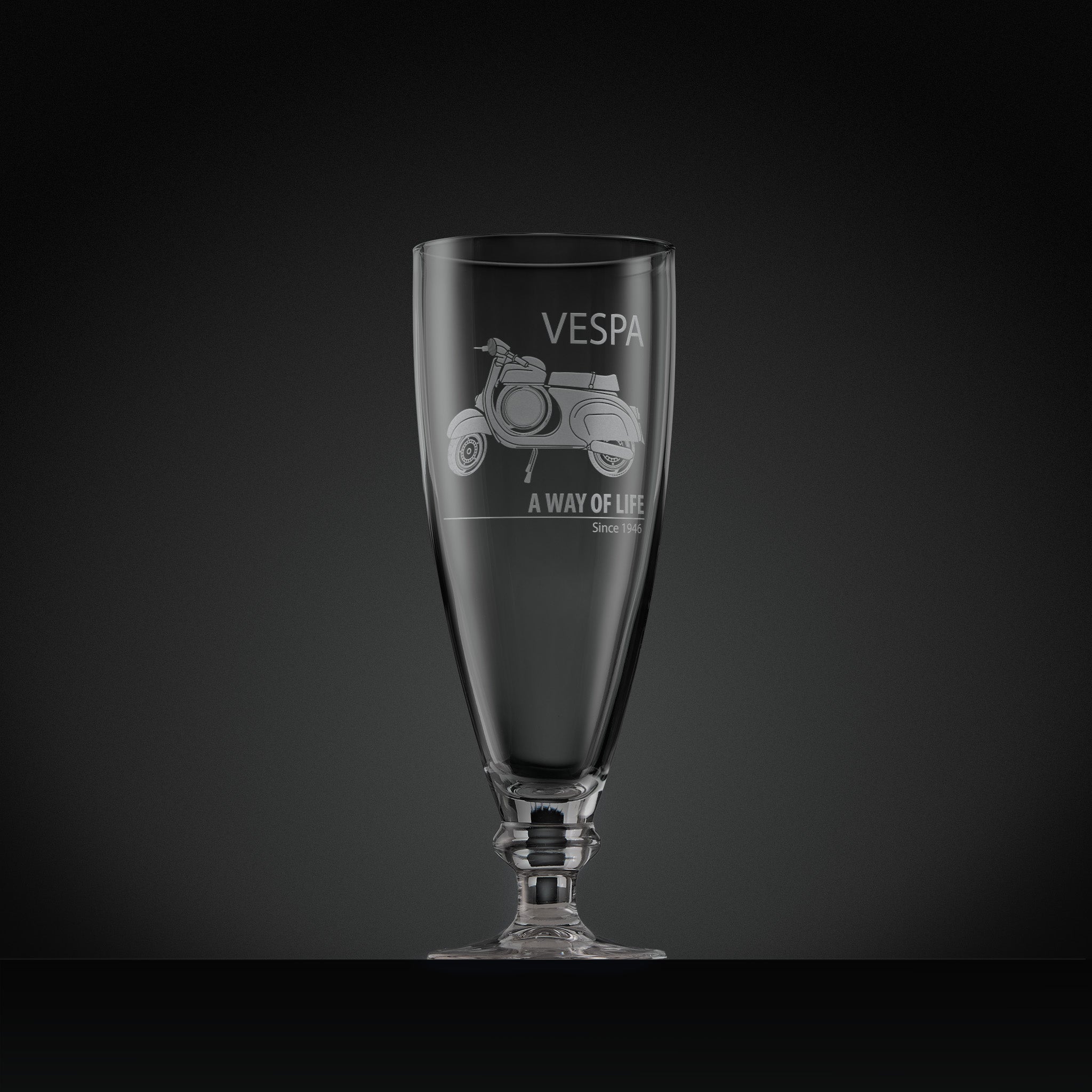 Engraved Vespa SS90 stemmed beer glass with Vespa script and ‘A Way of Life Since 1946’,