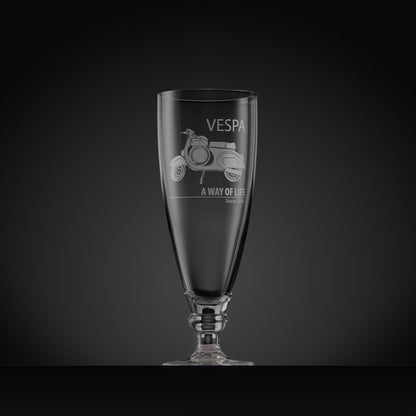 Engraved Vespa SS90 stemmed beer glass with Vespa script and ‘A Way of Life Since 1946’,