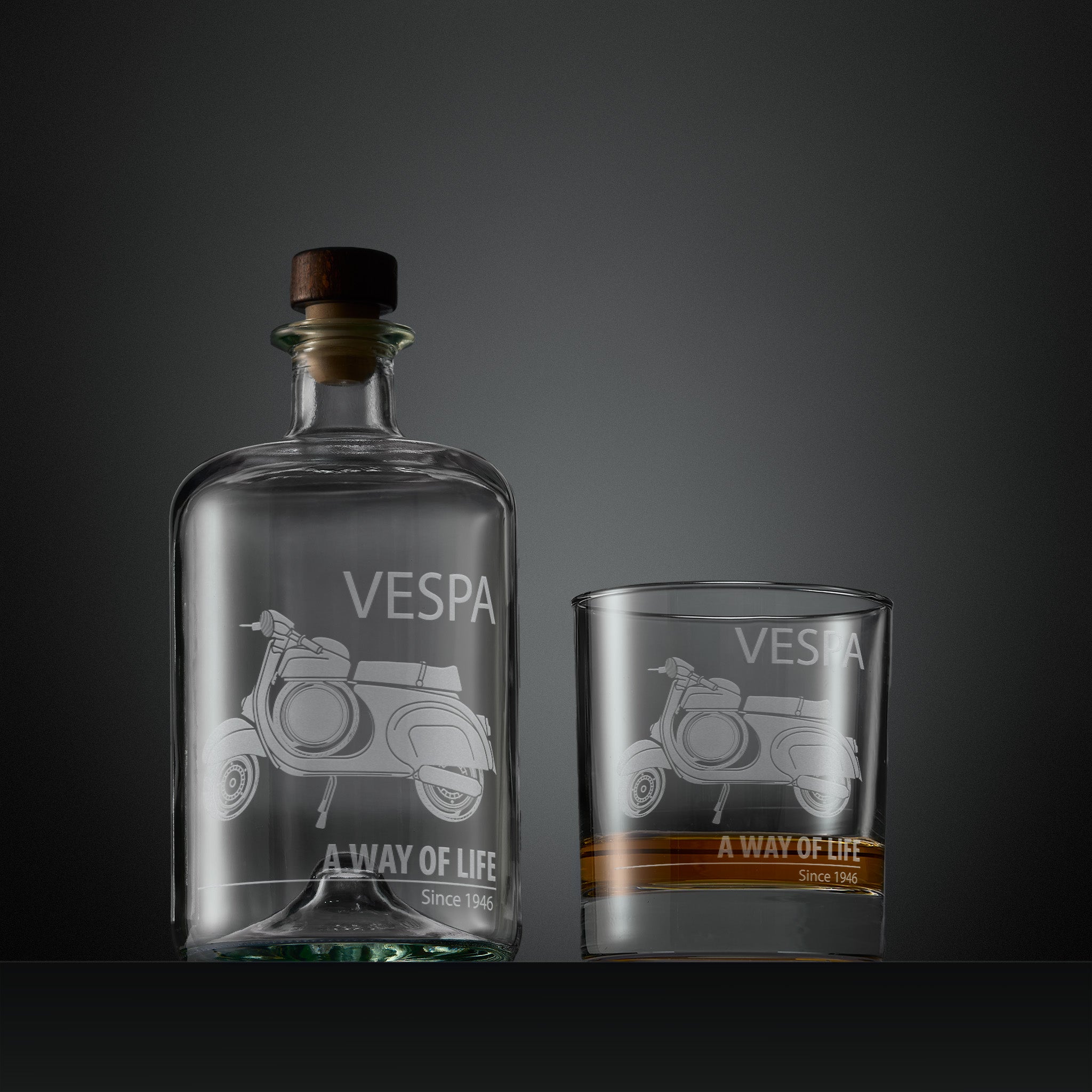 Engraved apothecary style decanter and whisky glass with a Vespa ss90 scooter and A Way of Life text