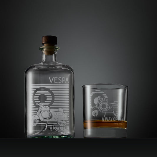Engraved apothecary style decanter and whisky glass with a Vespa SS90 and MOD target design illustration