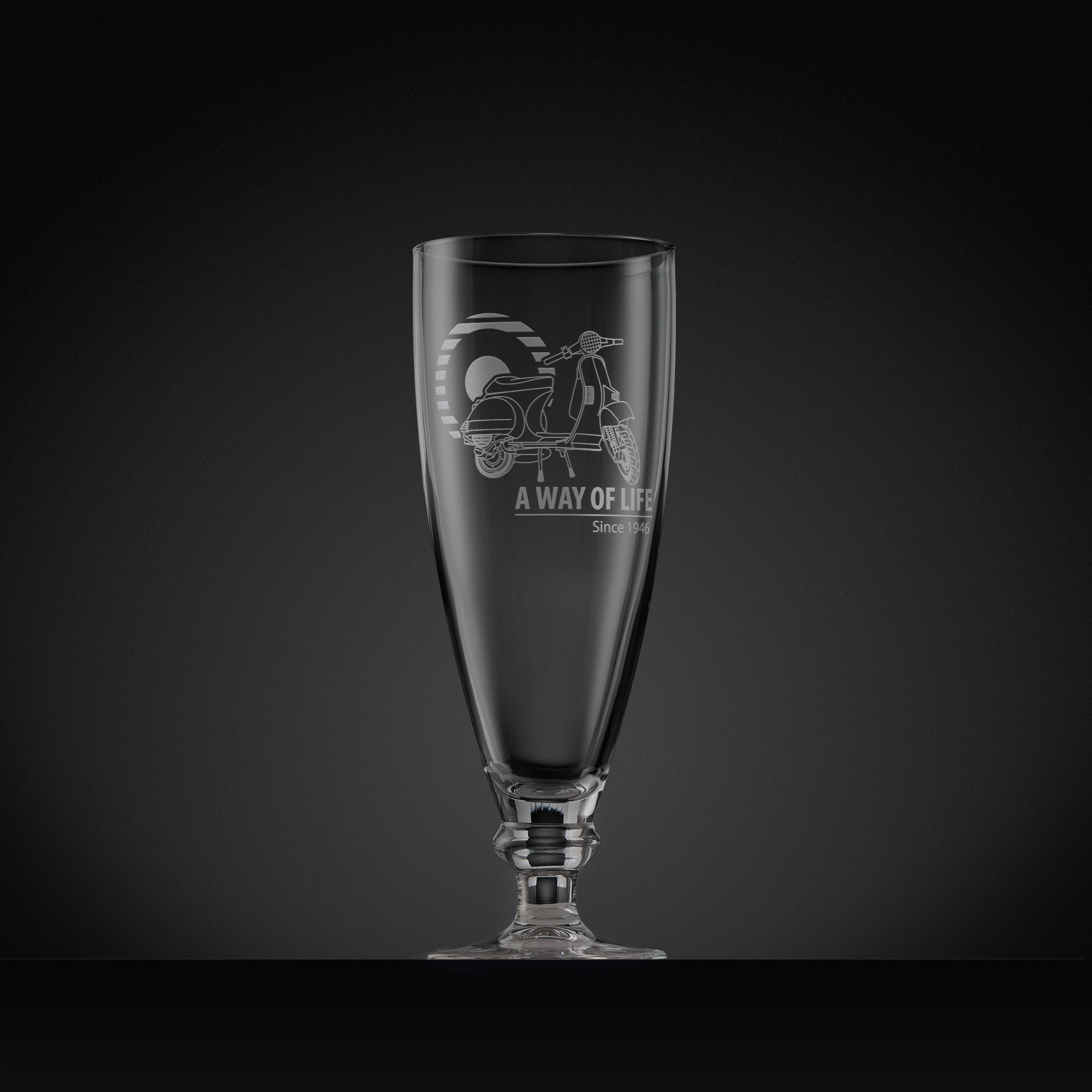 Stemmed beer glass engraved with Vespa T5 scooter and Mod target,