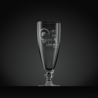 Stemmed beer glass engraved with Vespa T5 scooter and Mod target,