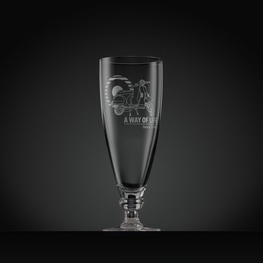 Stemmed beer glass engraved with Vespa T5 scooter and Mod target,