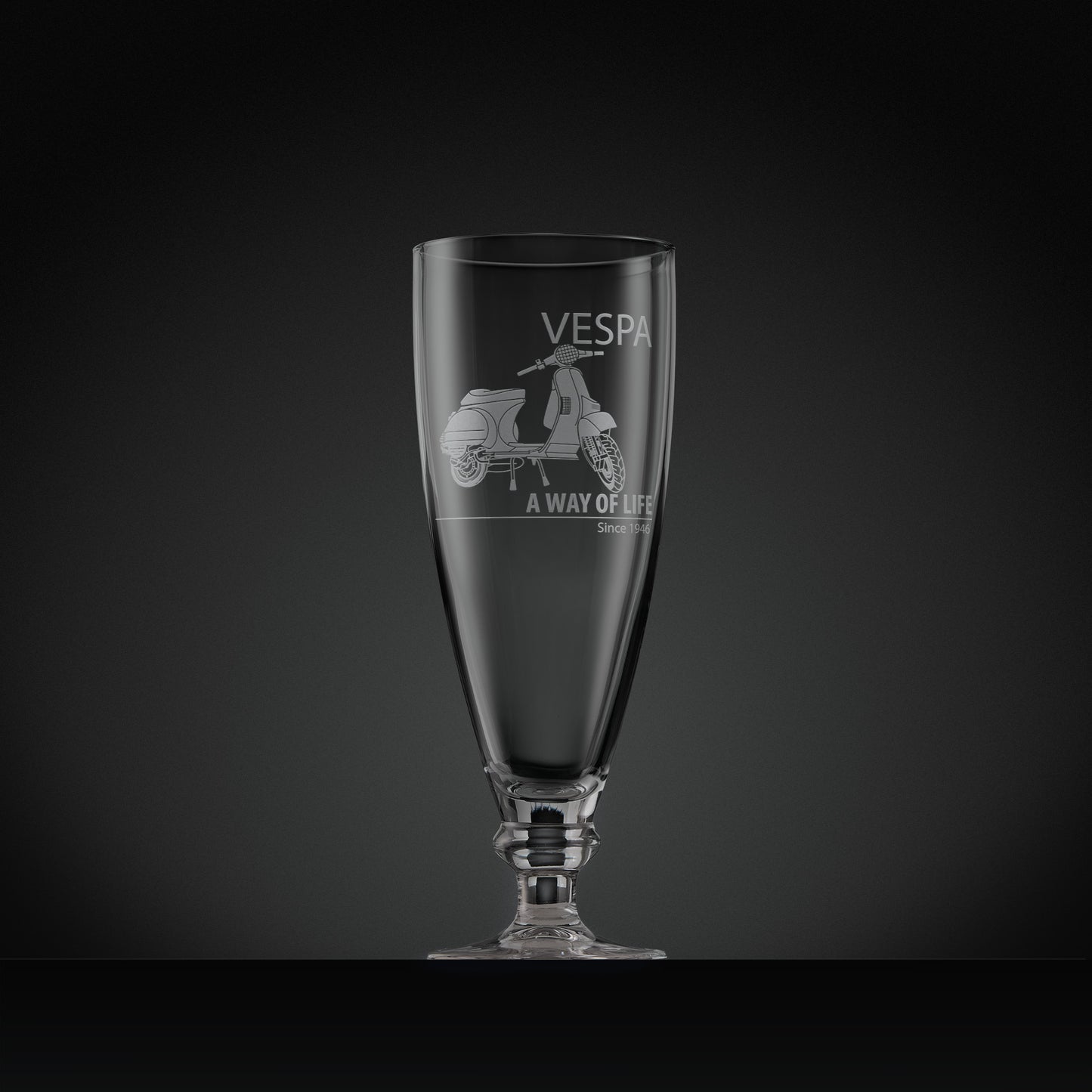 Engraved Vespa T5 stemmed beer glass featuring Vespa script and ‘A Way of Life Since 1946’