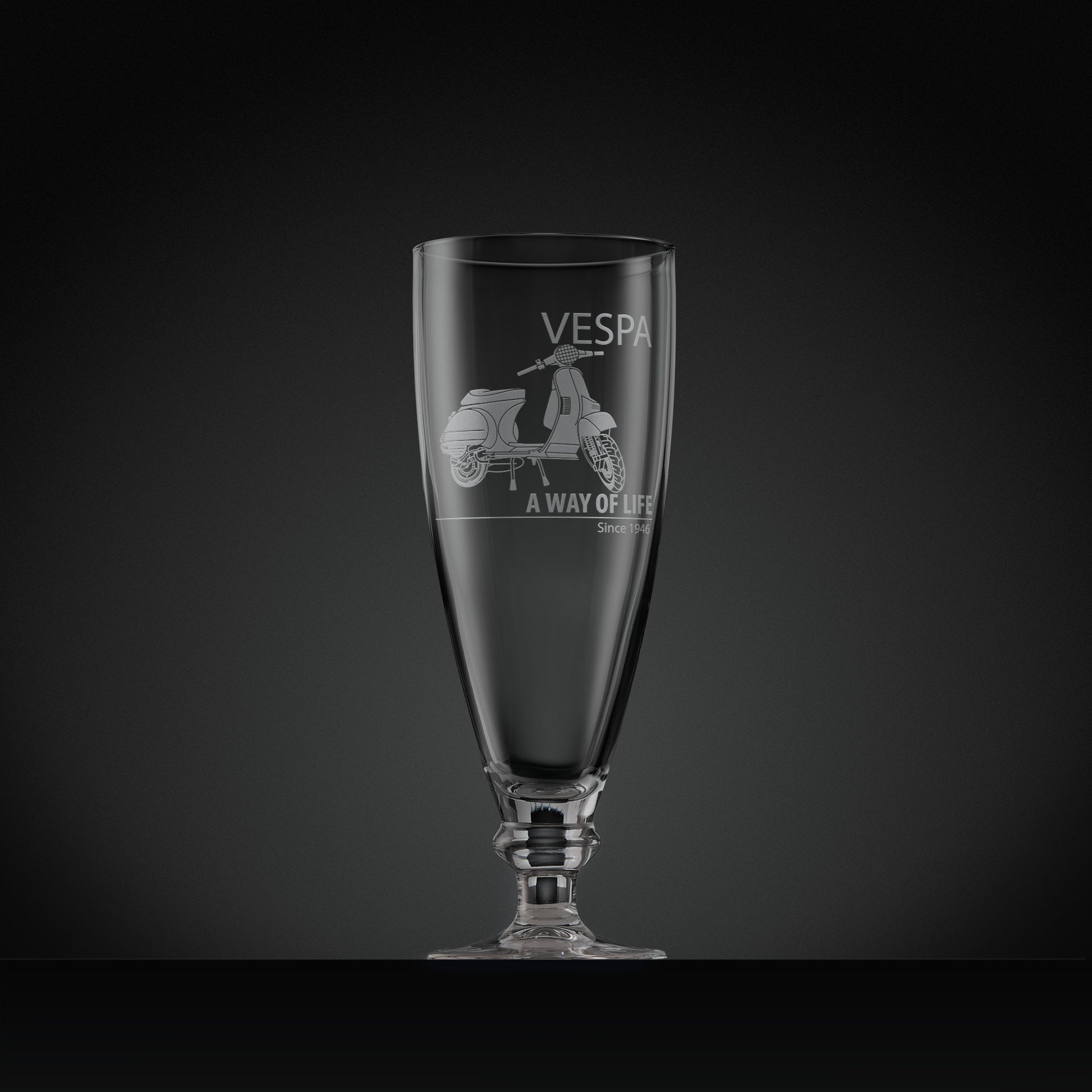 Engraved Vespa T5 stemmed beer glass featuring Vespa script and ‘A Way of Life Since 1946’