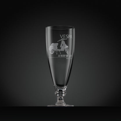 Engraved Vespa T5 stemmed beer glass featuring Vespa script and ‘A Way of Life Since 1946’