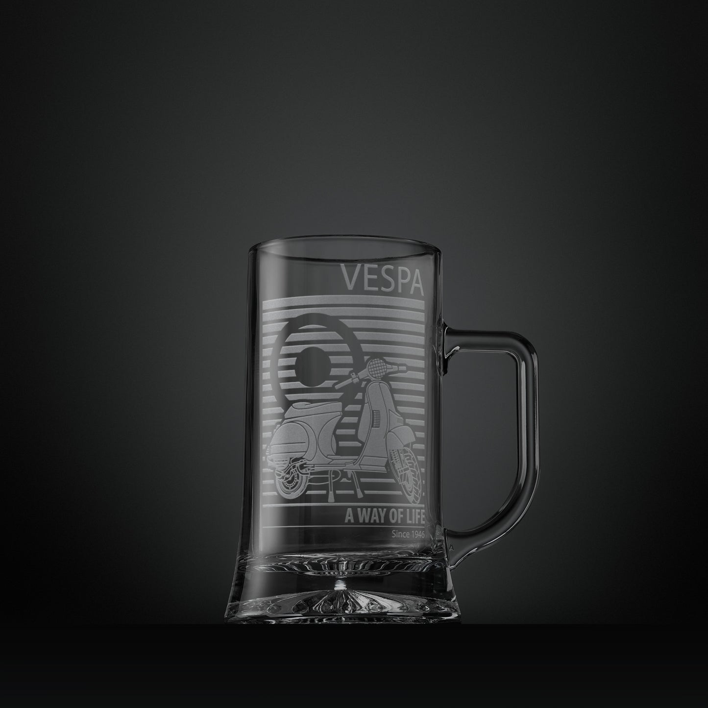 Engraved glass tankard  featuring a Vespa T5 scooter and MOD target design