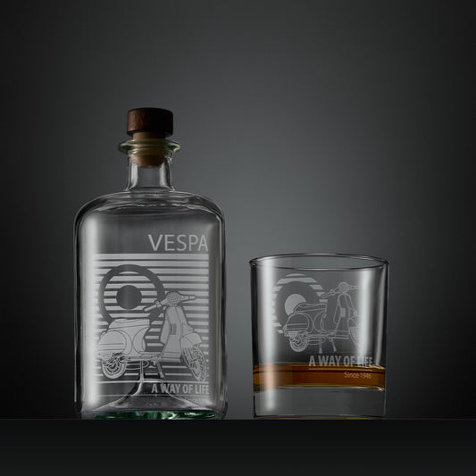 Engraved apothecary style decanter and whisky glass with a Vespa T5 and MOD target design illustration