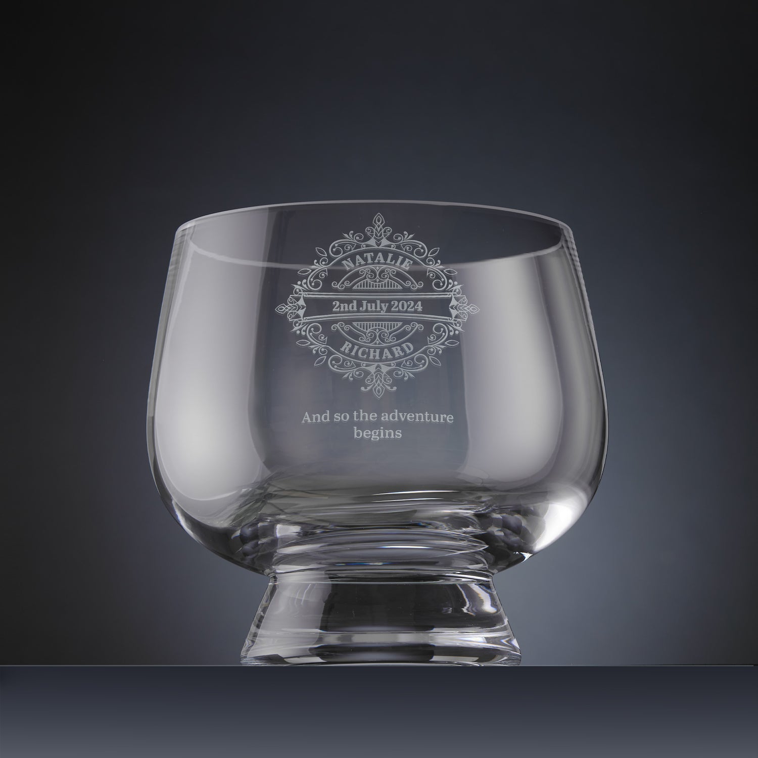 Centrepiece celebration bowl engraved with a lacework design and personalised with names and inscription