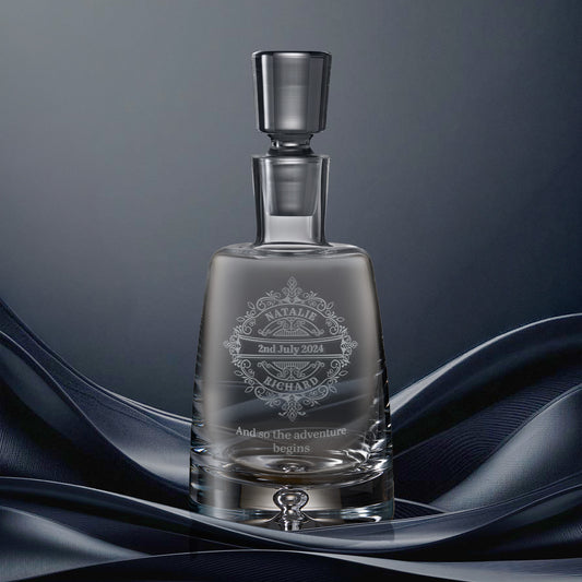 Engraved wedding decanter with intricate venetian lace design and  personalised with bride and grooms names