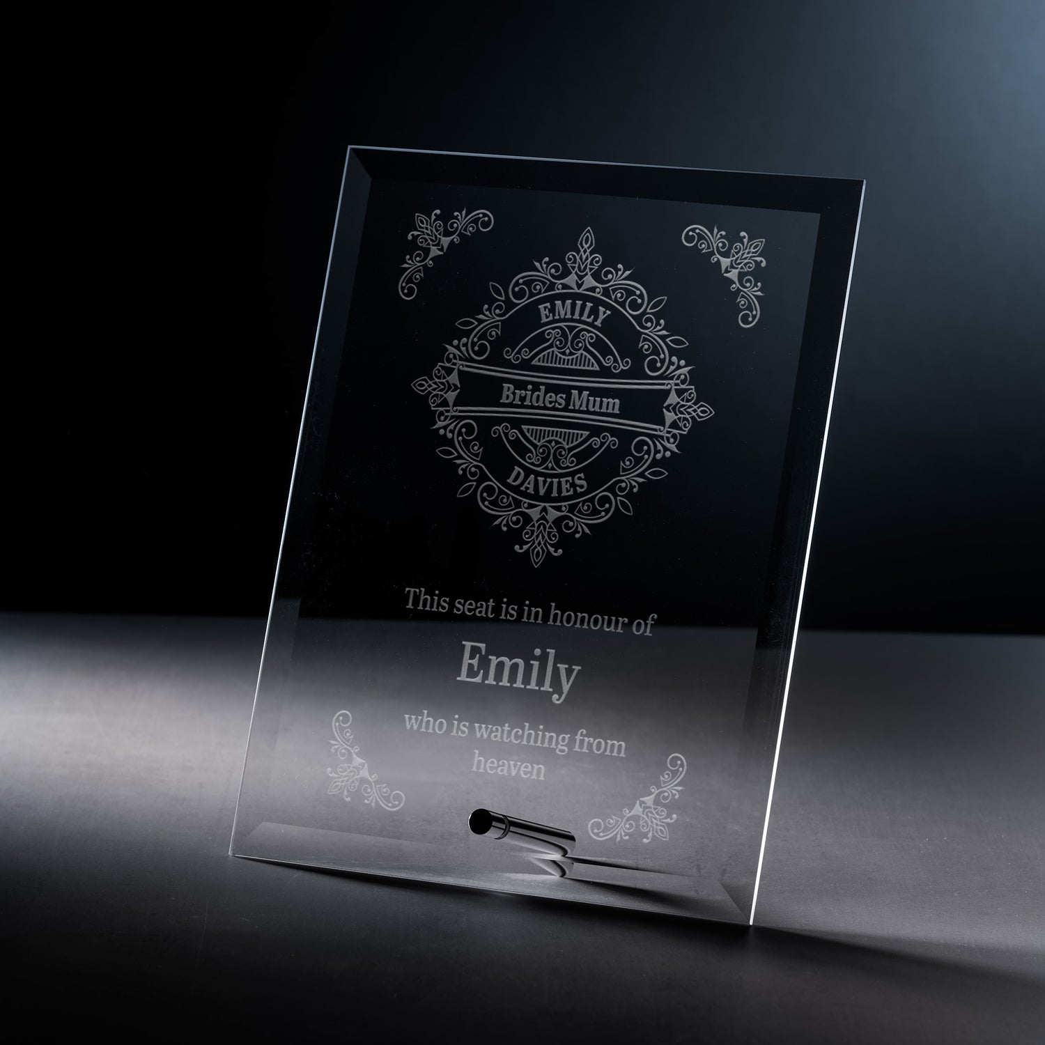 Engraved  Glass wedding plaque with intricate lacework design, name and remembrance text 