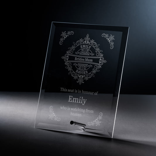 Engraved  Glass wedding plaque with intricate lacework design, name and remembrance text 