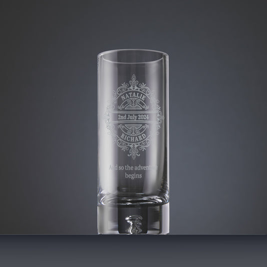 Clear glass table vase with engraved  lacework design and personalised with couples name, dates and inscription