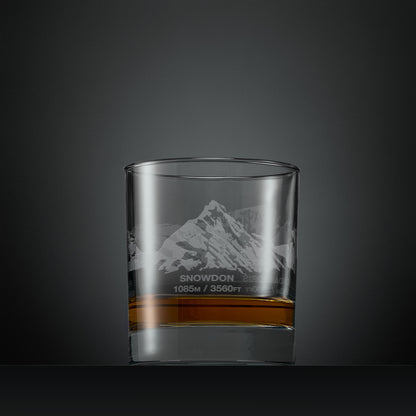 Engraved whisky glass with Welsh three peaks wrap-around design featuring Snowdon, Cadir Idris and Pen-Y-Fan