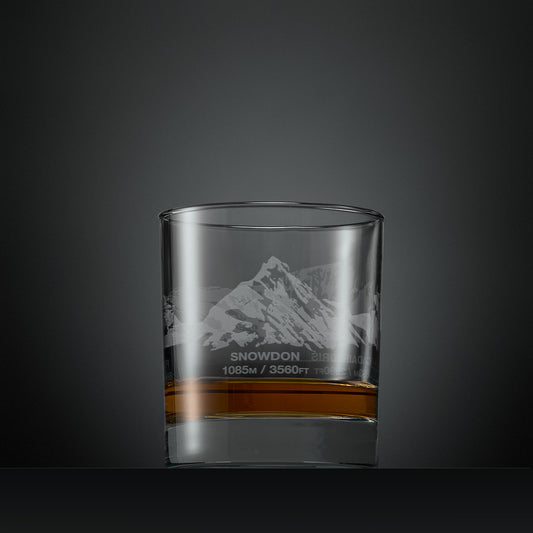 Engraved whisky glass with Welsh three peaks wrap-around design featuring Snowdon, Cadir Idris and Pen-Y-Fan