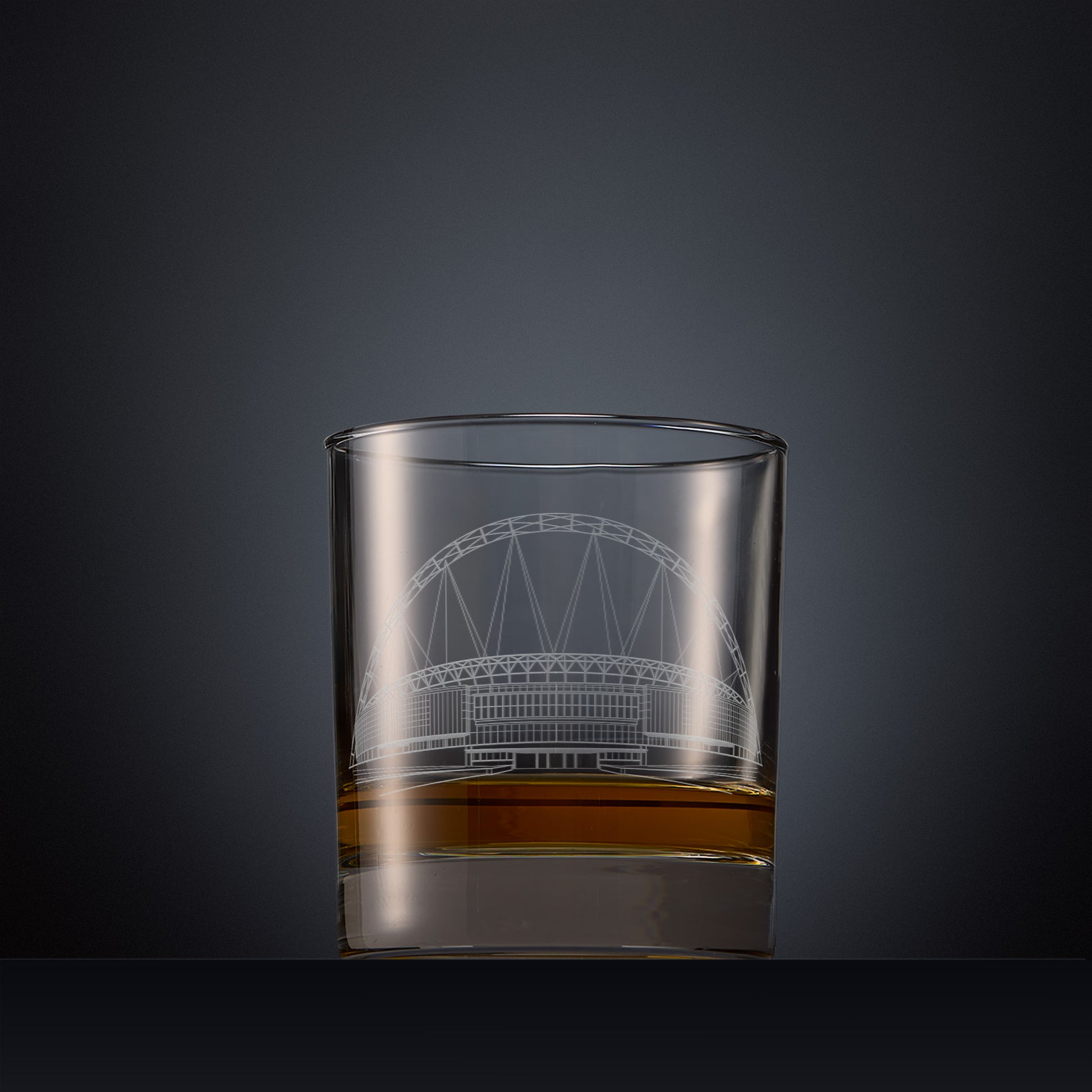 Engraved whisky glass with the architectural façade of Wembley Stadium