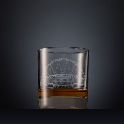 Engraved whisky glass with the architectural façade of Wembley Stadium