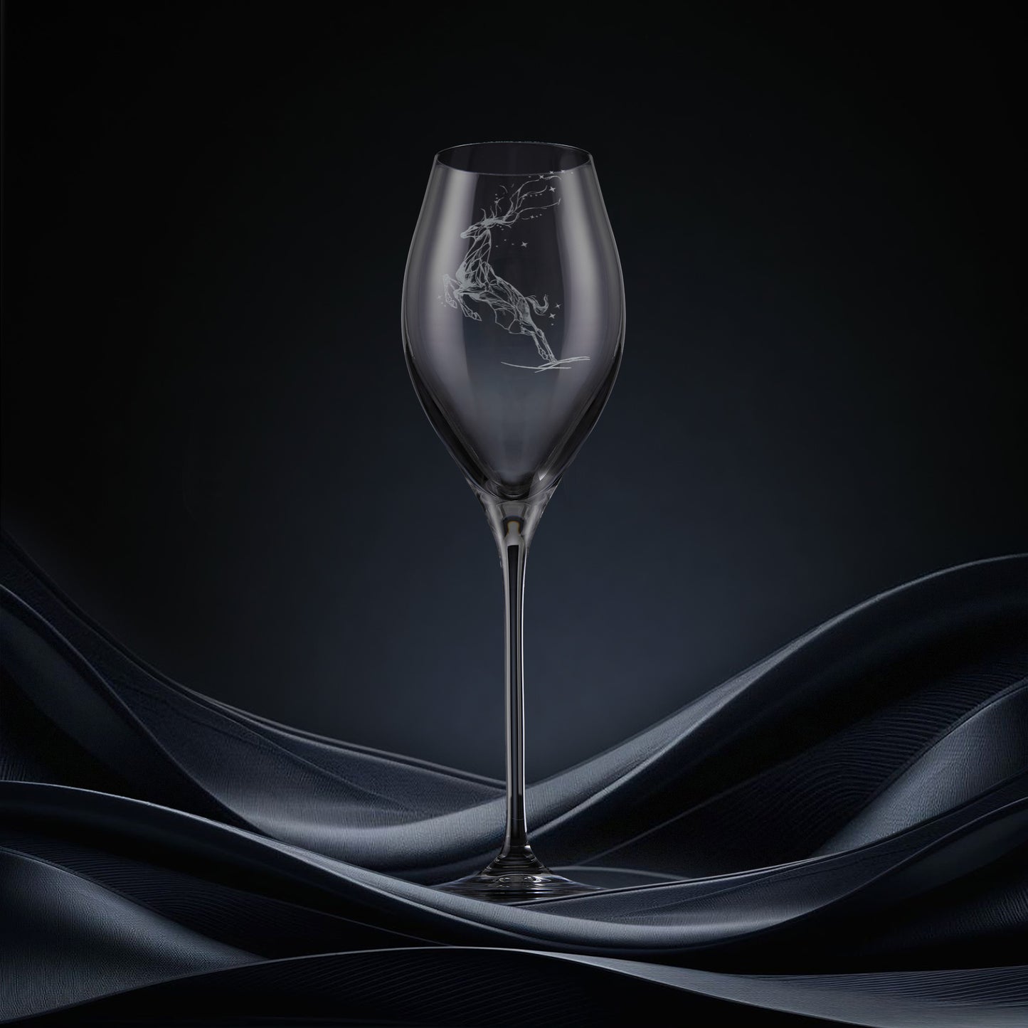 Engraved prosecco glass featuring a leaping stag forming a constellation of stars