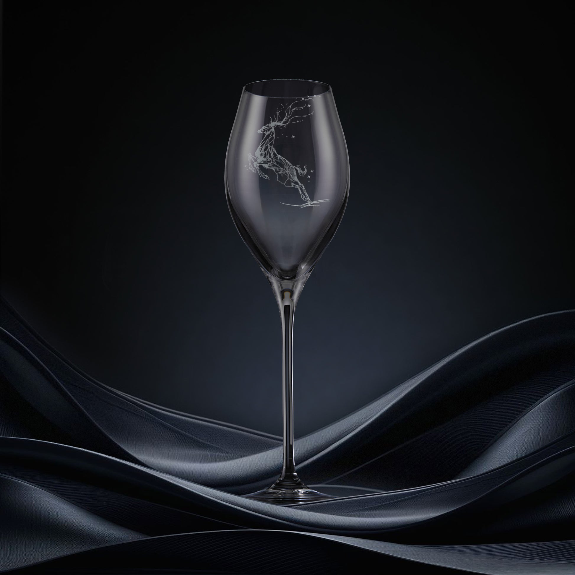 Engraved prosecco glass featuring a leaping stag forming a constellation of stars