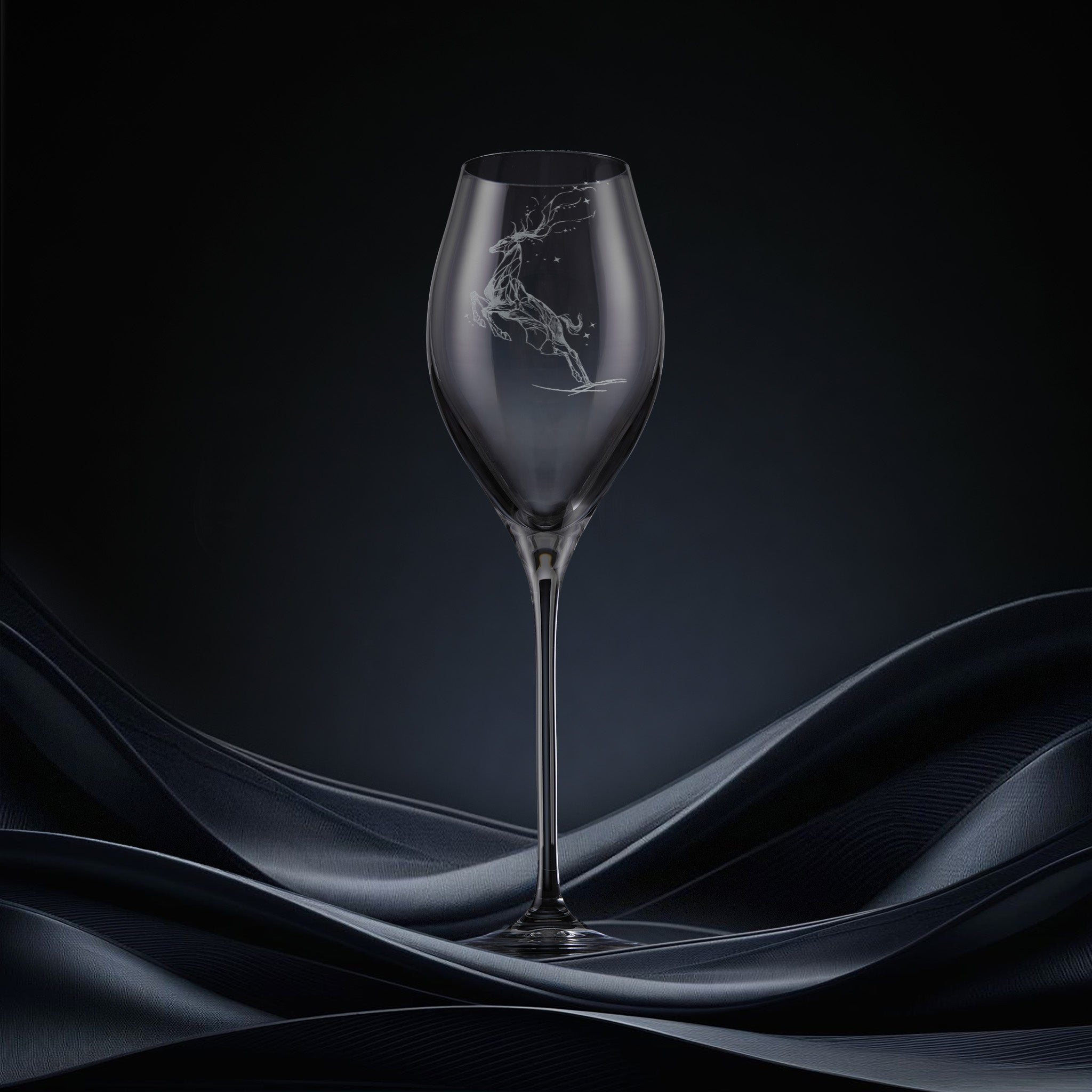 Engraved prosecco glass featuring a leaping stag forming a constellation of stars