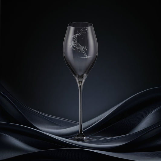 Engraved prosecco glass featuring a leaping stag forming a constellation of stars