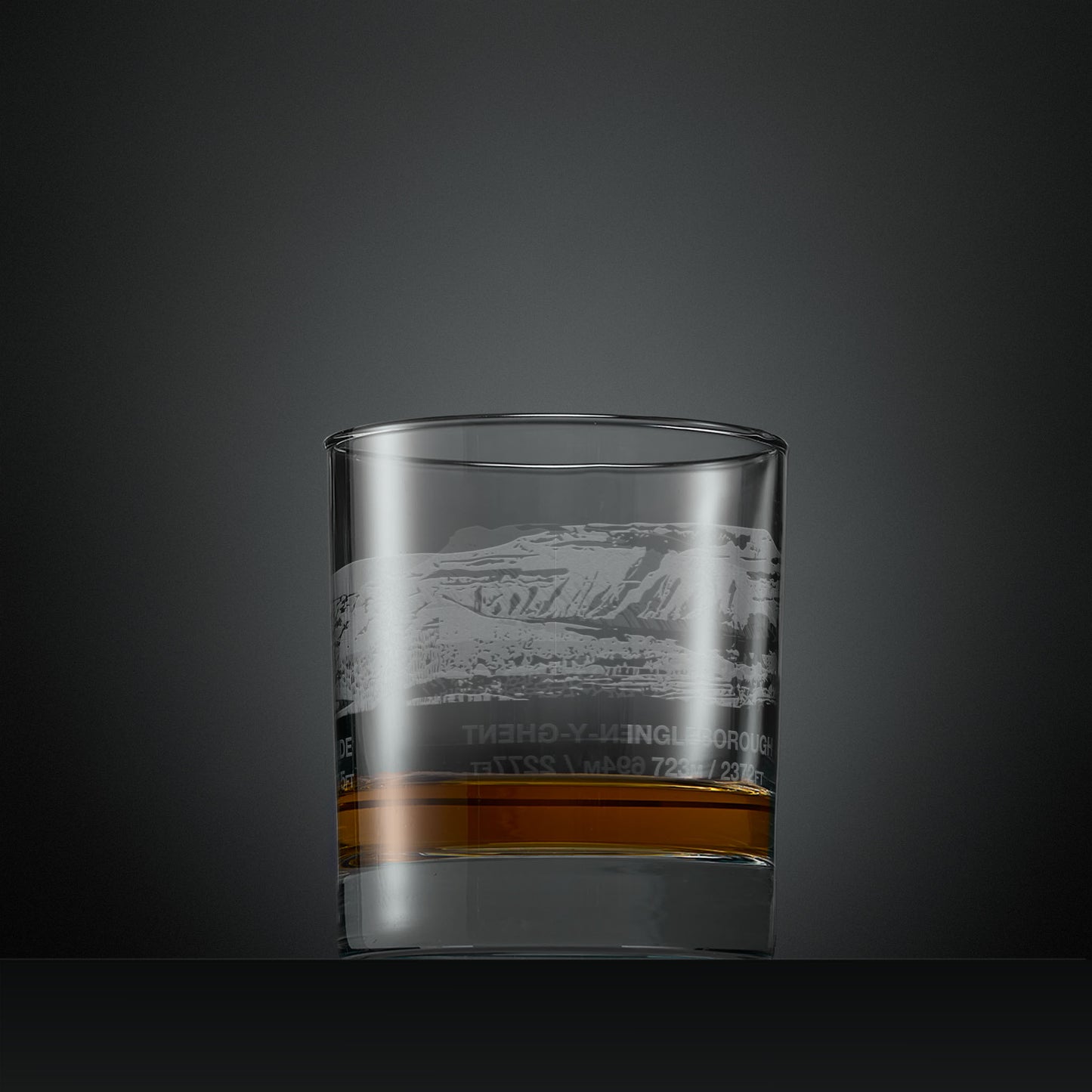 Engraved whisky glass with Yorkshire three peaks wrap-around design featuring Pen-y-Ghent. Whernside and Ingleborough 