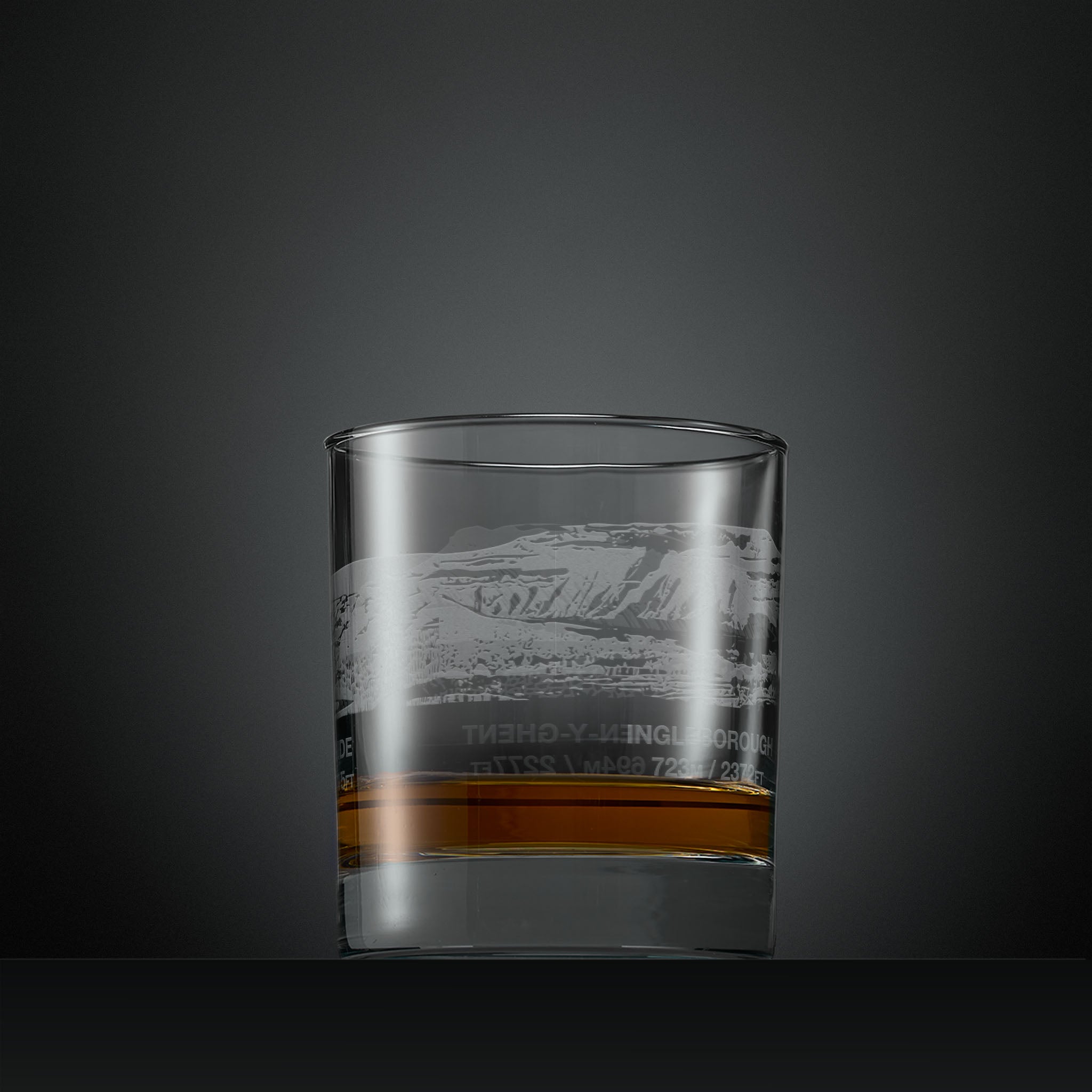 Engraved whisky glass with Yorkshire three peaks wrap-around design featuring Pen-y-Ghent. Whernside and Ingleborough 