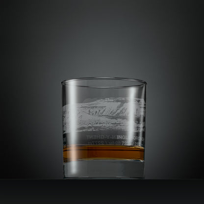 Engraved whisky glass with Yorkshire three peaks wrap-around design featuring Pen-y-Ghent. Whernside and Ingleborough 