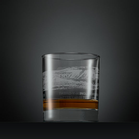 Engraved whisky glass with Yorkshire three peaks wrap-around design featuring Pen-y-Ghent. Whernside and Ingleborough 