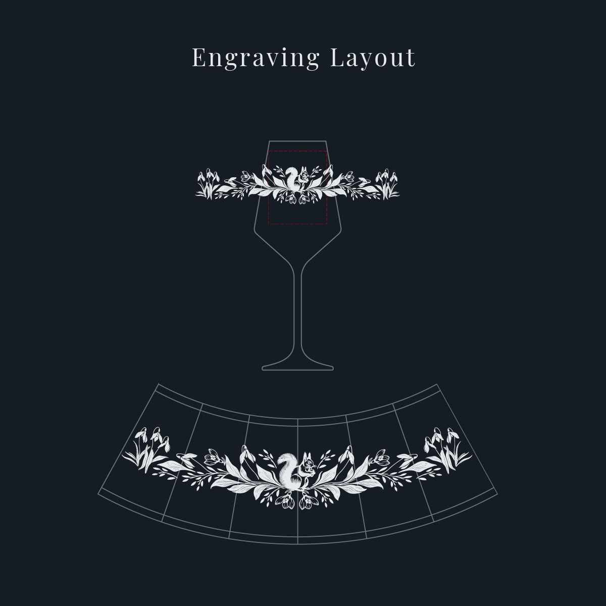 Birth flower wine glass engraving layout showing wraparound composition