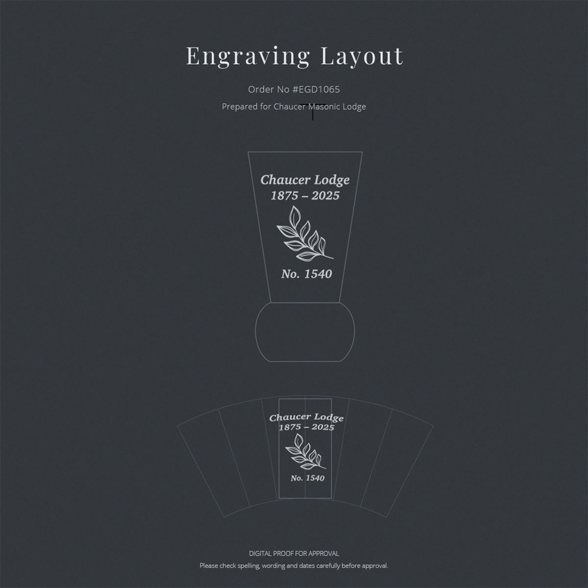 Engraving layout for masonic lodge firing glass