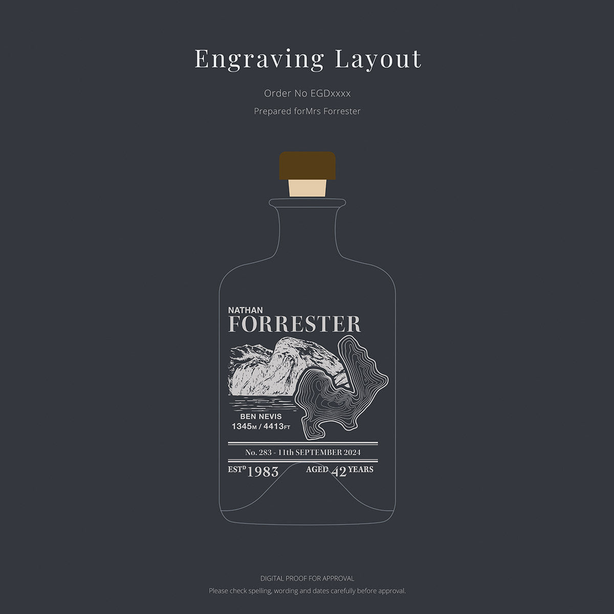Engraving layout for an apothecary bottle featuring Ben Nevis, a topographic map with personalised text